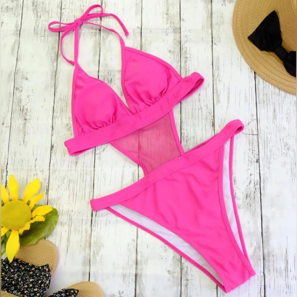 Neon Pink Cutout One Piece Swimsuit Halter Mesh Monokini Size L NWOT